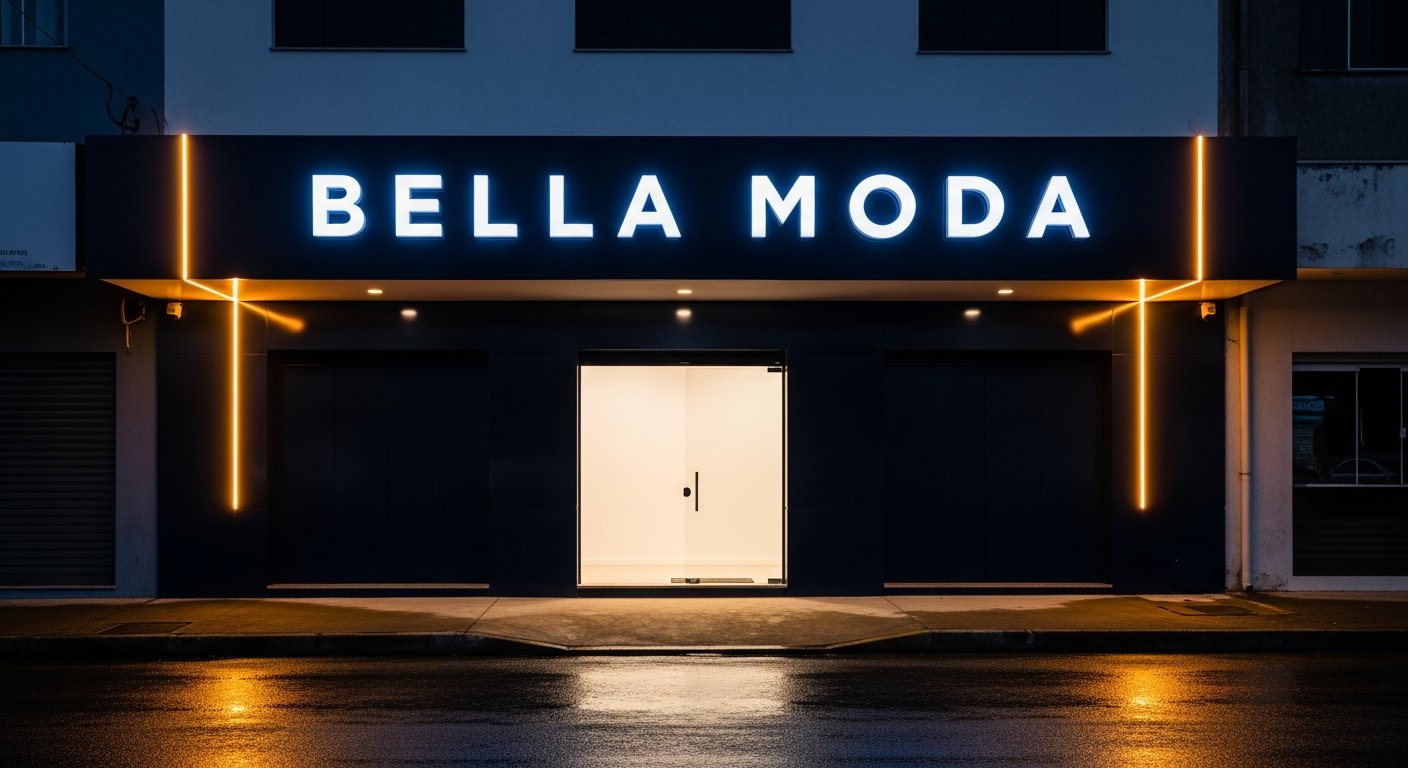 AI_IMAGE: A completed commercial storefront facade installation at night featuring dark navy blue aluminum composite panels (ACM) with large white 3D PVC box channel letters spelling BELLA MODA, illuminated by warm side-mounted LED strip lighting casting amber glow along the letter edges. The modern boutique has a clean glass entrance below the signage, reflecting the LED illumination on the wet sidewalk. Urban commercial street setting in a small Brazilian city, professional architectural photography | photorealistic | landscape