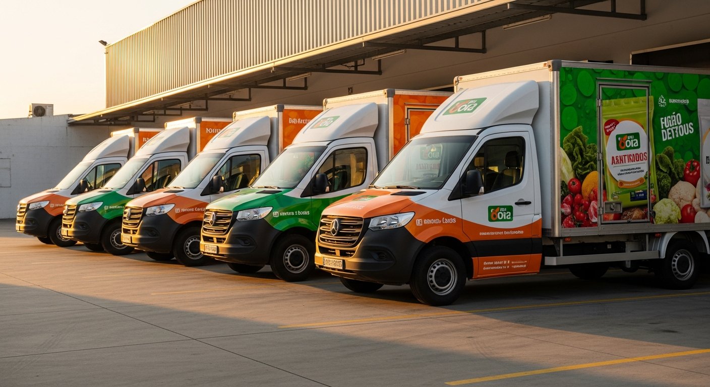 AI_IMAGE: Five white commercial delivery vans parked in a row at a warehouse loading dock, all fully wrapped with vibrant vehicle graphics featuring a food distribution company brand identity in green, orange and white colors. The vinyl wrap covers the entire vehicle body with product imagery of fresh produce and bold typography. Late afternoon golden light illuminates the fleet from the side, casting long shadows on the concrete lot. Brazilian commercial district setting | photorealistic | landscape