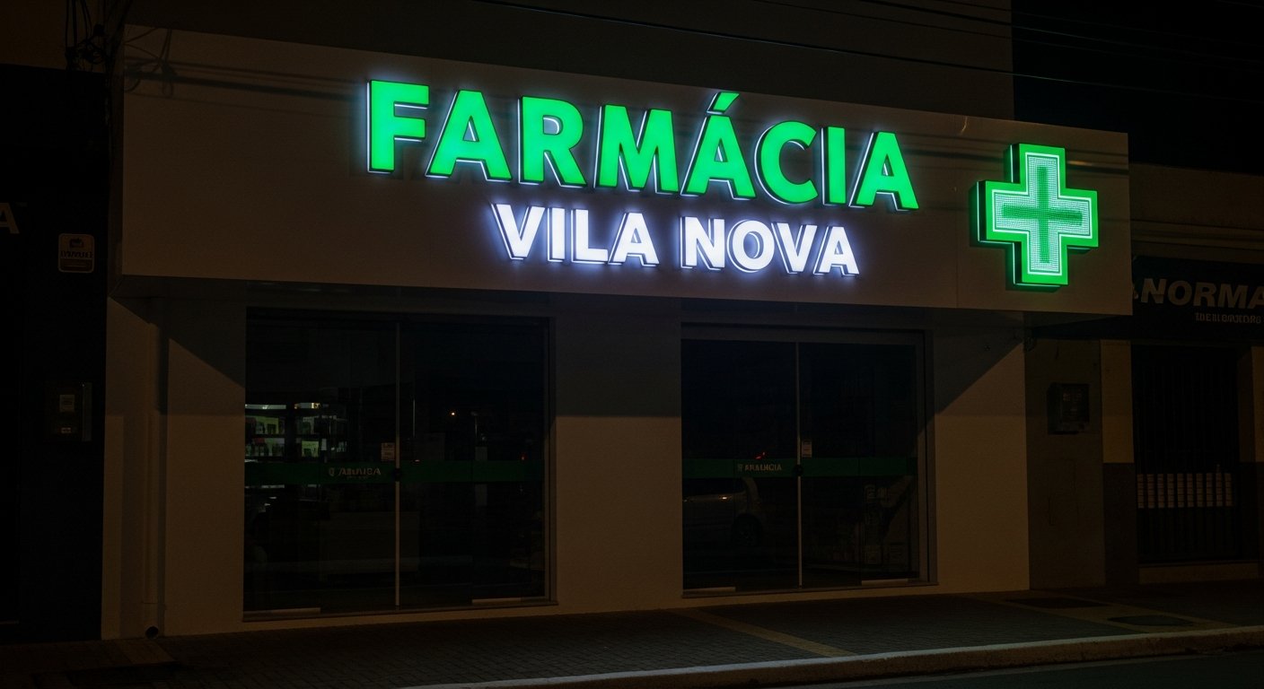 AI_IMAGE: A pharmacy storefront at night featuring a large illuminated acrylic channel letter sign reading FARMACIA VILA NOVA in bright green and white LED-backlit letters mounted on a clean white facade. The green cross pharmacy symbol glows intensely beside the name. The surrounding street is dark, making the luminous signage the dominant focal point with its crisp LED glow reflecting on the glass entrance doors below. Small Brazilian city commercial street | photorealistic | landscape