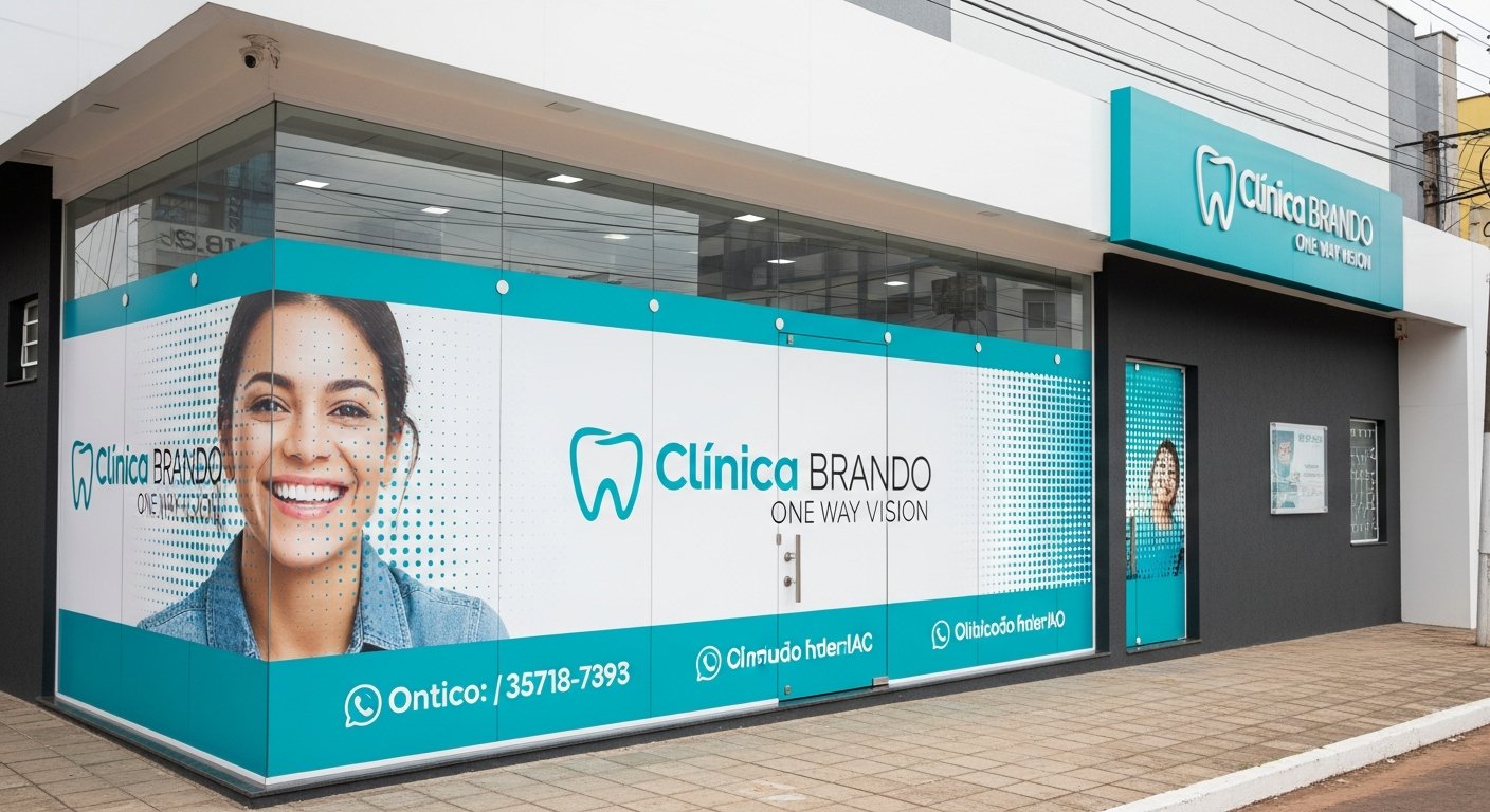 AI_IMAGE: The exterior glass facade of a modern dental clinic with large windows covered in perforated one-way vision vinyl adhesive printed with a bright, clean dental brand design featuring a smiling patient image, the clinic logo in teal and white, and contact information. From outside the graphics appear solid and vibrant, while the perforations allow natural light and outward visibility from inside. Daytime shot on a clean commercial sidewalk in a small Brazilian city, modern architecture with white and gray tones | photorealistic | landscape