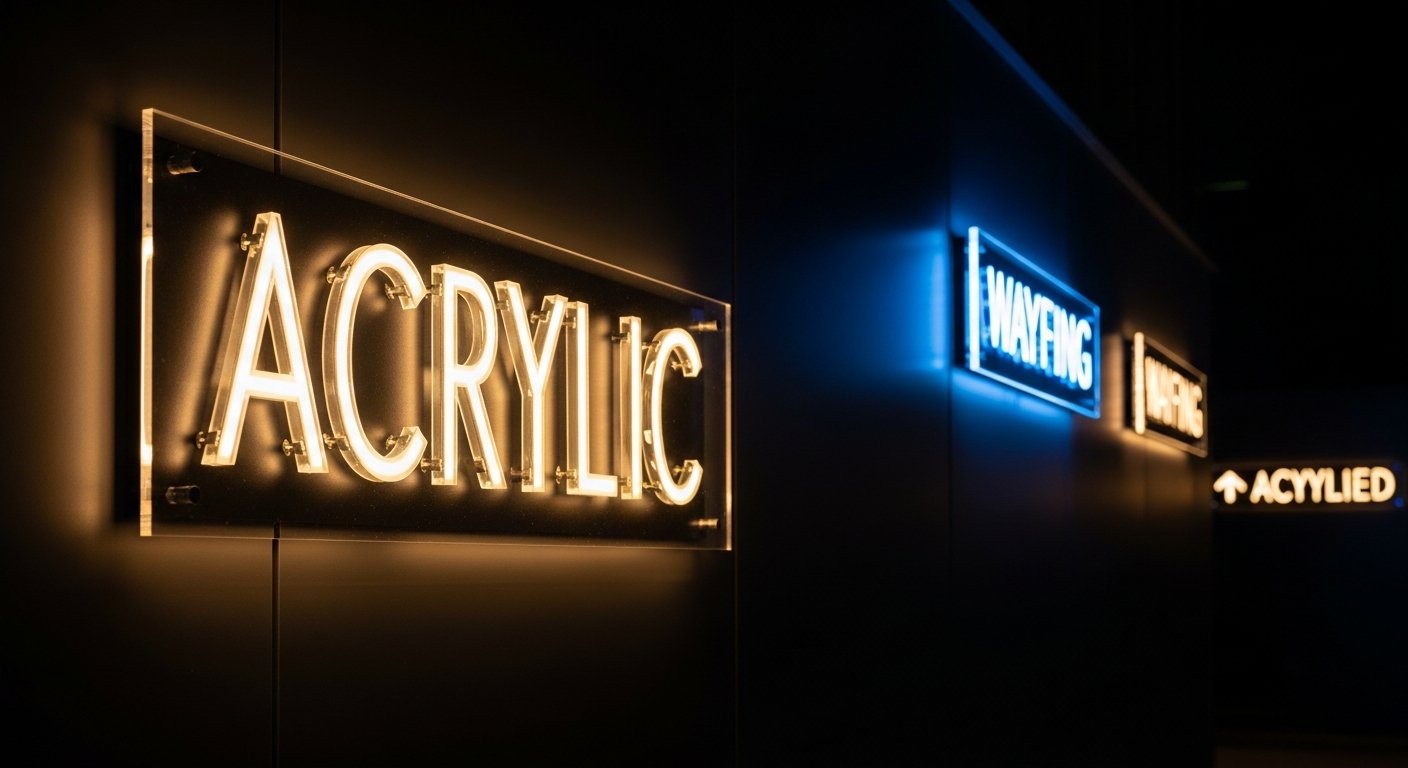 AI_IMAGE: An illuminated acrylic sign mounted on a dark matte wall at night. The sign features edge-lit clear acrylic letters with internal LED modules creating a bright, even warm white glow. The acrylic edges catch light and create a halo effect against the dark surface. Additional smaller wayfinding signs in the background use the same acrylic-LED technique with cool blue accent lighting. Sharp architectural photography with dramatic lighting contrast between the glowing signage and the dark environment | photorealistic | landscape