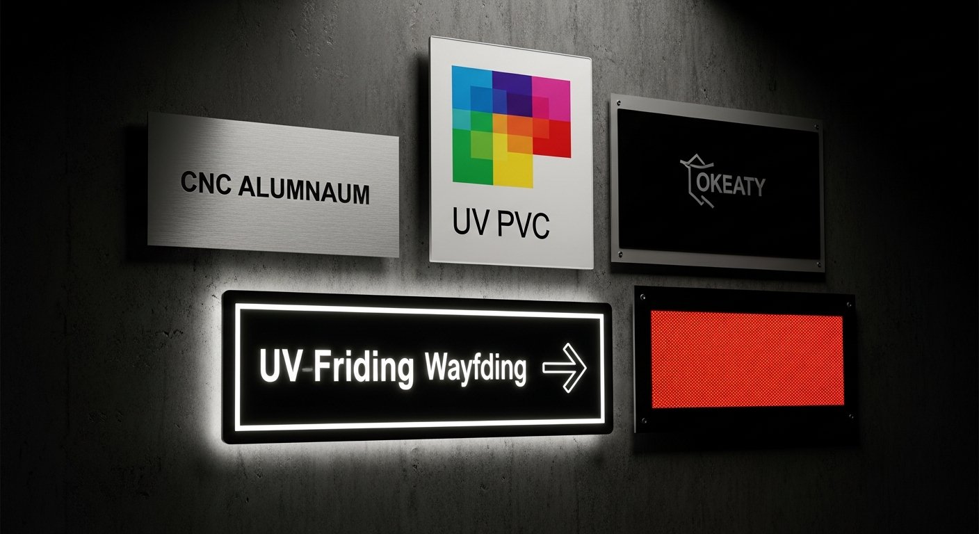 AI_IMAGE: A professional display of various custom-made signage plates arranged on a dark industrial wall. The collection includes a brushed aluminum identification plate with CNC-engraved text, a white PVC sign with UV-printed colorful graphics, a backlit acrylic wayfinding sign with edge-lit LED, and a reflective safety sign. Each plate shows different materials and finishing techniques. Dramatic directional lighting creates depth and highlights material textures | photorealistic | landscape