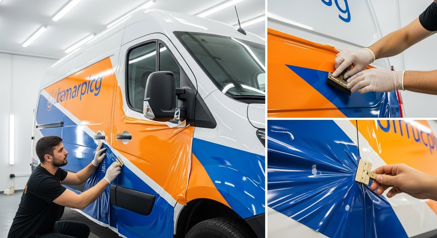 AI_IMAGE: A professional vehicle wrap installation in progress inside a well-lit workshop. A white commercial van is partially covered with a vibrant full-color vinyl wrap featuring a company brand in amber and blue tones. A technician wearing gloves carefully applies the adhesive vinyl film to the side panel using a squeegee. Detail shots of the crisp print quality and bubble-free application are visible. Industrial workshop environment with bright fluorescent lighting | photorealistic | landscape