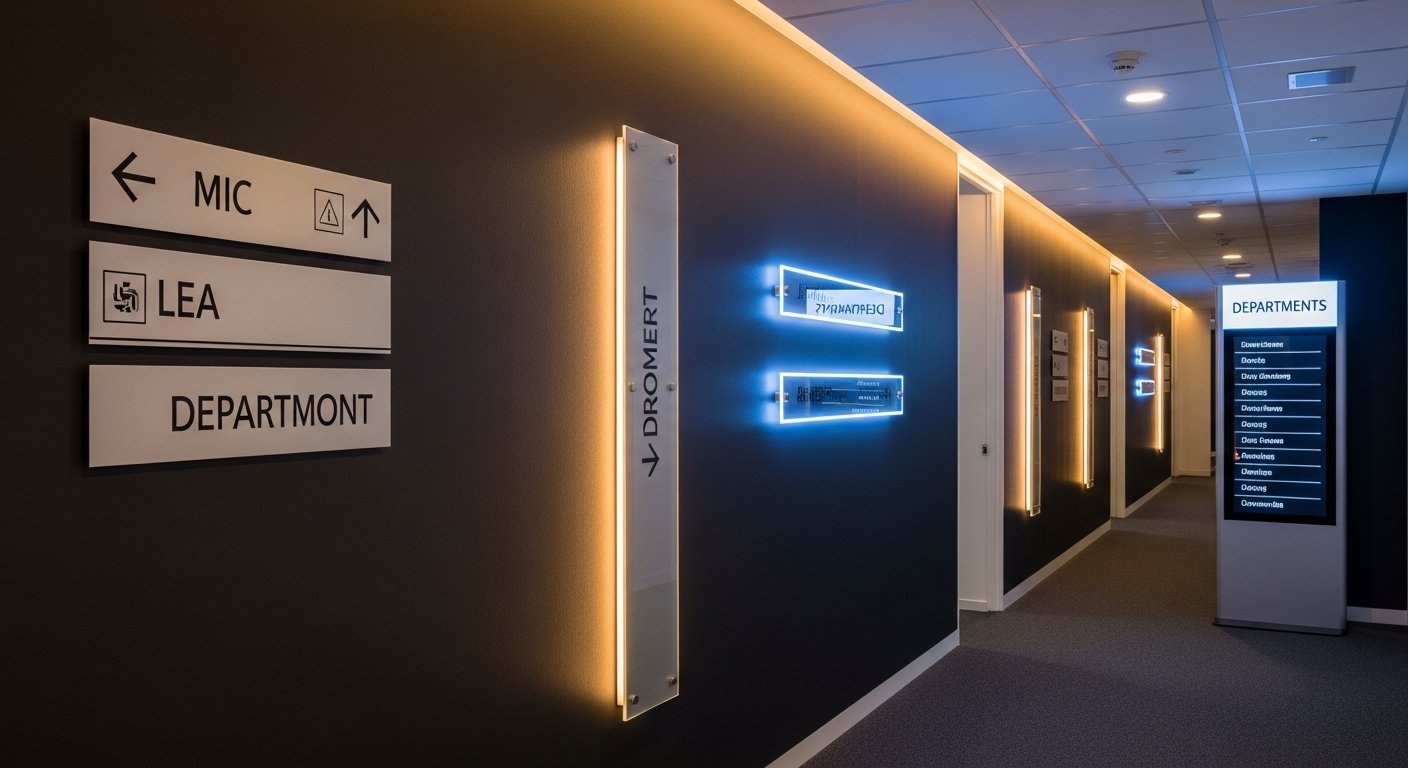 AI_IMAGE: A modern corporate office corridor with professional interior wayfinding signage system. Wall-mounted brushed aluminum directional signs with clean sans-serif typography and arrow icons, backlit acrylic room identification plates with edge-lit LED glow, and a floor-standing totem directory with digital-print panel listing departments. Dark charcoal walls with warm amber and cool blue accent lighting creating a sophisticated corporate atmosphere | photorealistic | landscape