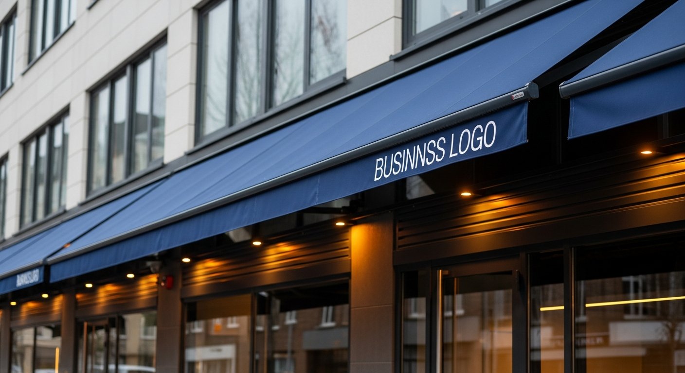 AI_IMAGE: A modern commercial storefront with a professionally installed retractable awning in deep navy blue fabric with a business logo printed in white. The awning extends over the sidewalk entrance, and warm amber downlights beneath it illuminate the entryway. The building has clean contemporary architecture with large glass windows. Daytime photograph with soft overcast light showing the fabric texture and aluminum frame detail | photorealistic | landscape