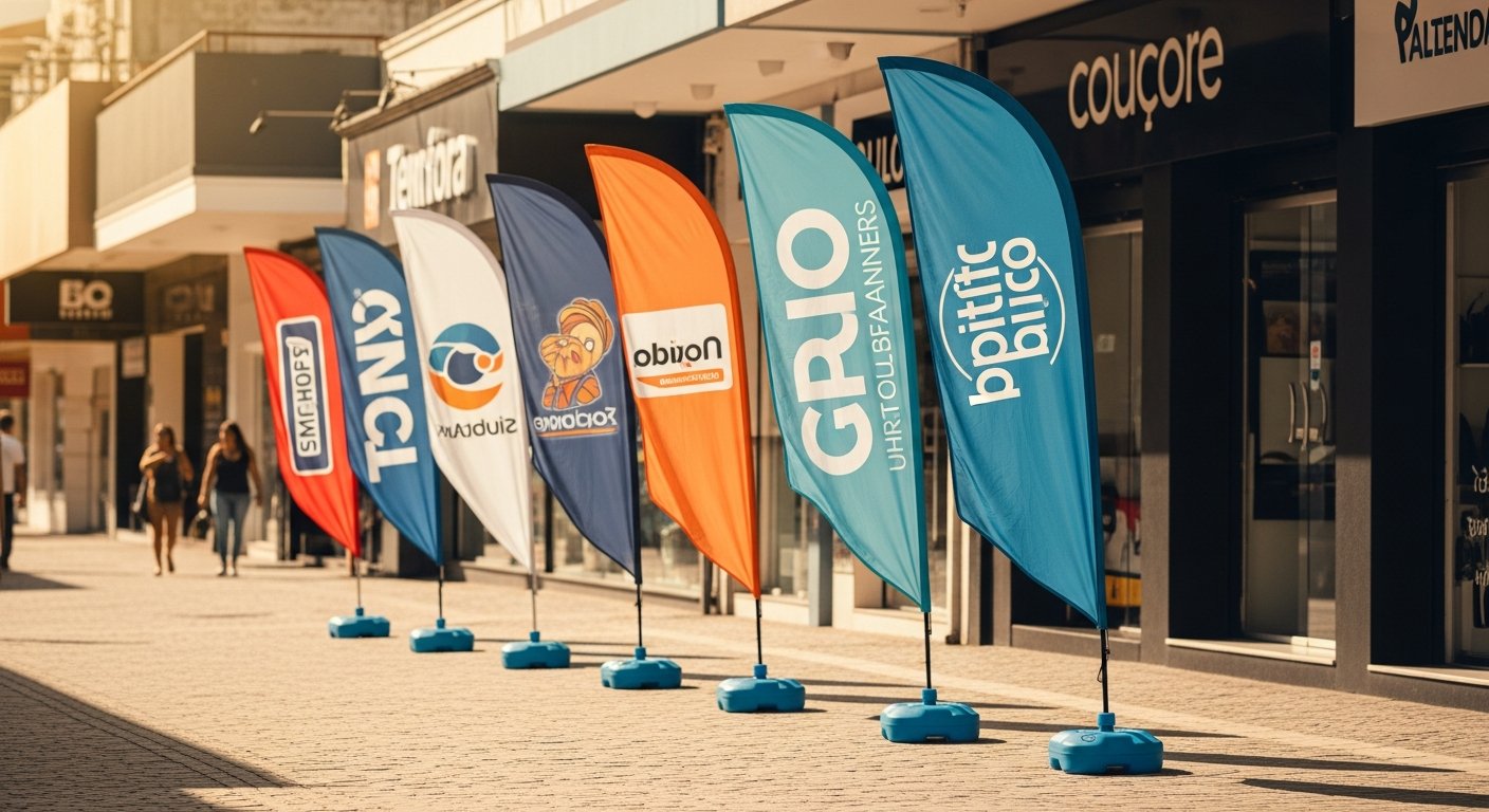 AI_IMAGE: A row of five professional teardrop and feather-shaped promotional wind banners (windbanners) in vibrant colors installed on a busy commercial sidewalk in front of Brazilian storefronts during daytime. The banners are spinning gently in the wind, showing branded graphics for different local businesses. Plastic water-filled bases anchor each banner. Warm sunlight, clean urban commercial setting with pedestrians visible | photorealistic | landscape