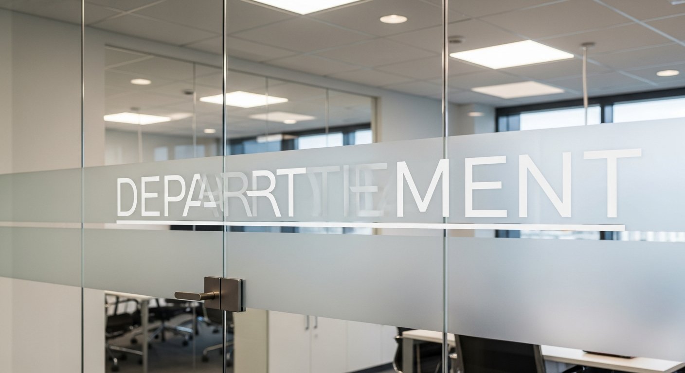 AI_IMAGE: A modern office glass partition door with precision-cut vinyl lettering applied to the surface. The letters spell a company department name in clean white sans-serif font with a subtle frosted privacy band below. The office interior is visible through the clear glass above and below the vinyl elements. Contemporary corporate interior with recessed lighting and minimalist furniture visible through the glass | photorealistic | landscape