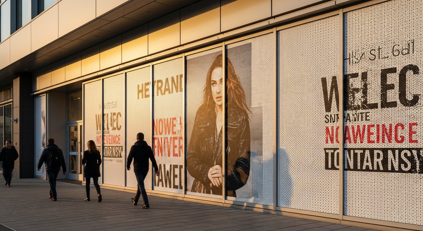 AI_IMAGE: Exterior view of a modern retail storefront with perforated window vinyl covering the full glass facade. The vinyl displays vibrant brand graphics with a fashion model image and promotional text in bold colors. Pedestrians walk past on the sidewalk. Warm afternoon sunlight illuminates the printed vinyl surface while faint interior lighting is visible through the micro-perforations. Clean urban commercial setting | photorealistic | landscape
