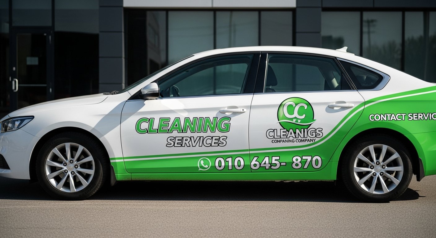 AI_IMAGE: A side view of a white sedan car with a professional partial vehicle wrap on the doors and rear quarter panels. The vinyl wrap features a cleaning services company brand in bright green and white with bold typography and contact phone number. The car is parked on clean asphalt in front of a modern commercial building. Daytime photography with soft shadows showing the glossy vinyl finish and precise edge cuts around door handles | photorealistic | landscape