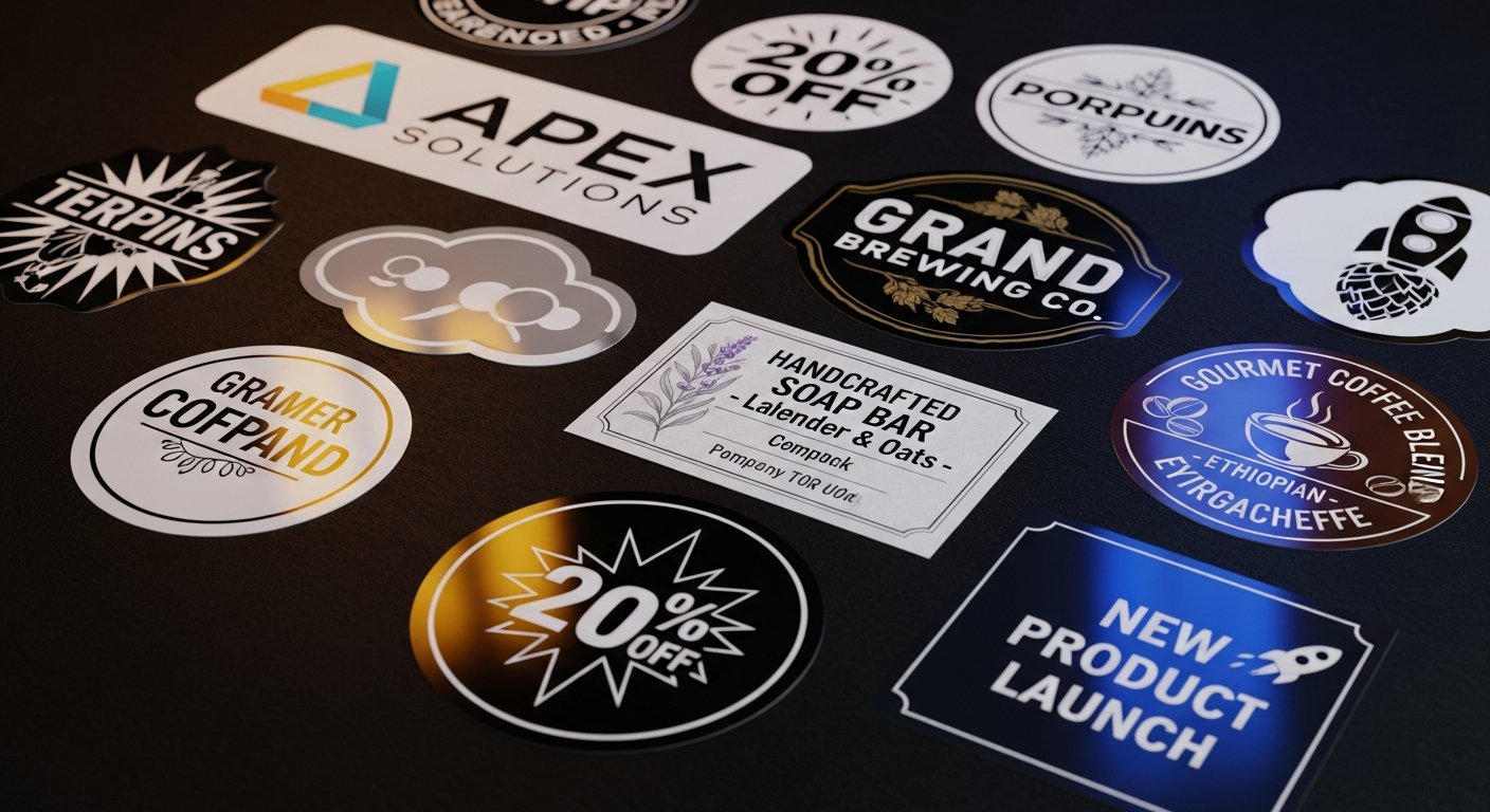 AI_IMAGE: A collection of custom printed vinyl stickers and adhesive labels in various shapes and sizes displayed on a dark surface. Some stickers show company logos, others feature product labels and promotional designs. The stickers have die-cut edges and glossy finish catching the light. Amber and blue LED accent reflections, dark professional photography setting | photorealistic | landscape