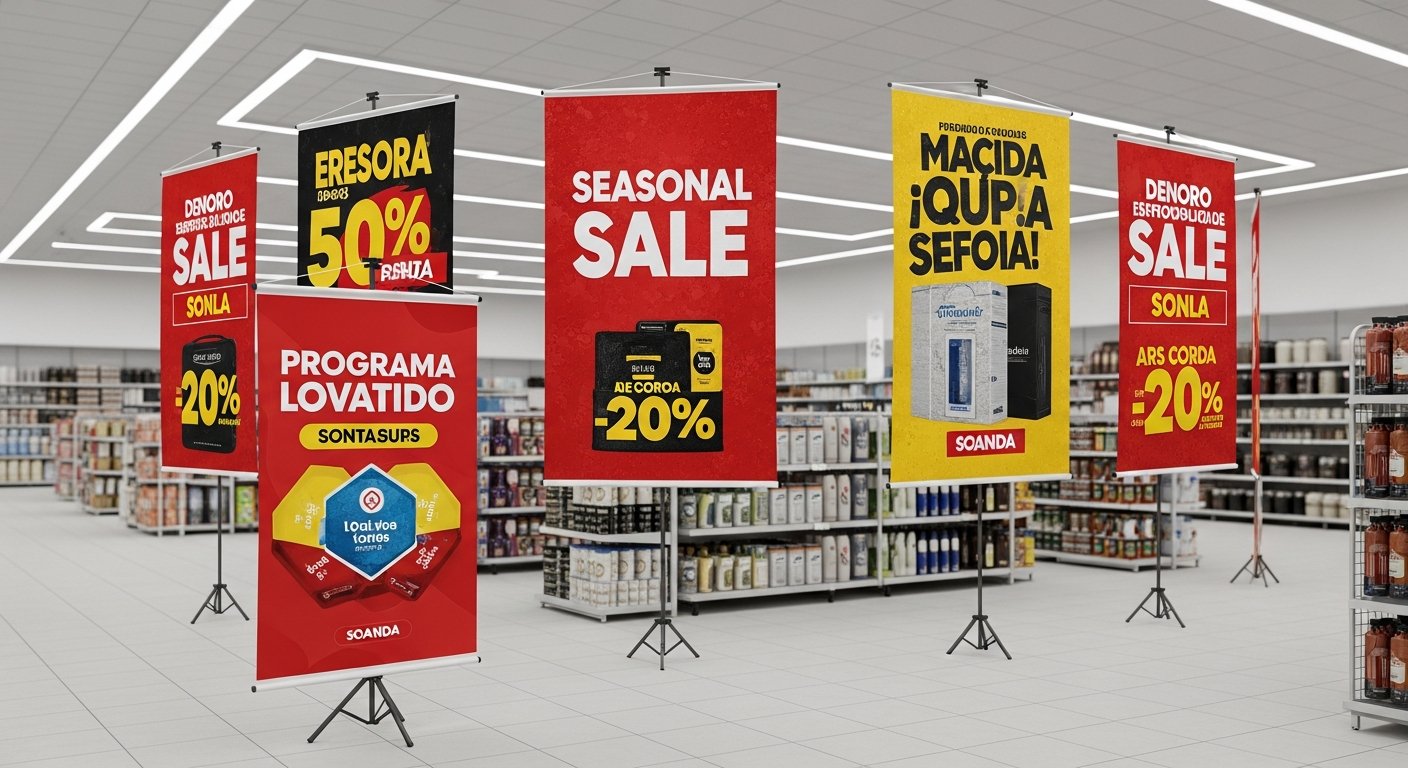 AI_IMAGE: A Brazilian retail store interior with multiple promotional banners and roll-up displays arranged around a point-of-sale área. The banners show seasonal sale promotions with bold red and yellow typography, product images and discount percentages. A retractable roll-up banner stand in the foreground displays a loyalty program graphic. Bright commercial interior lighting with merchandise shelves visible in background | photorealistic | landscape