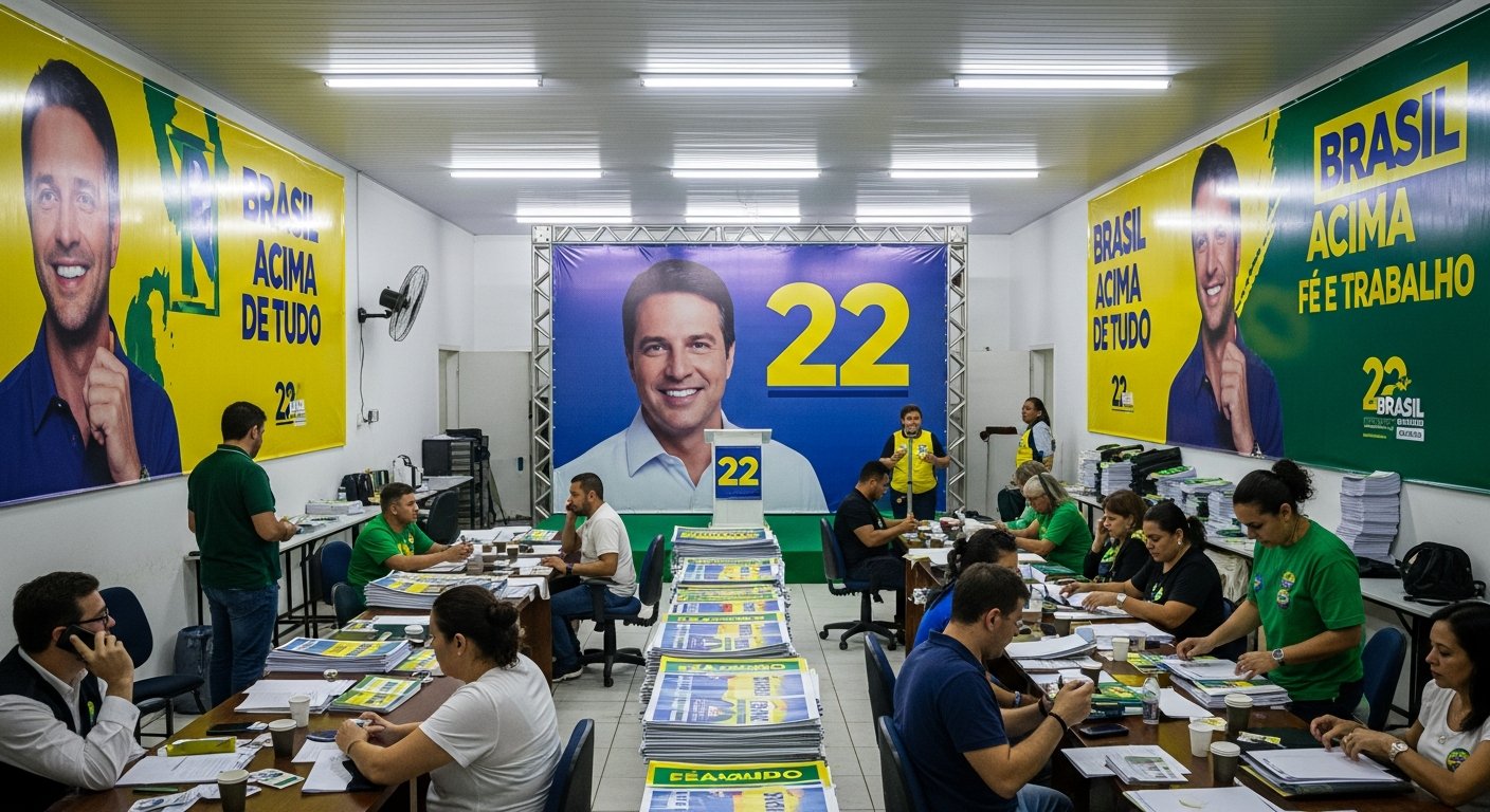 AI_IMAGE: A Brazilian political campaign headquarters interior with large vinyl banners hanging on the walls showing candidate imagery and campaign slogans in bold green and yellow patriotic colors. A large backdrop banner behind a podium displays the candidate portrait and number. Stack of smaller printed banners ready for distribution. Busy campaign office atmosphere with fluorescent lighting | photorealistic | landscape