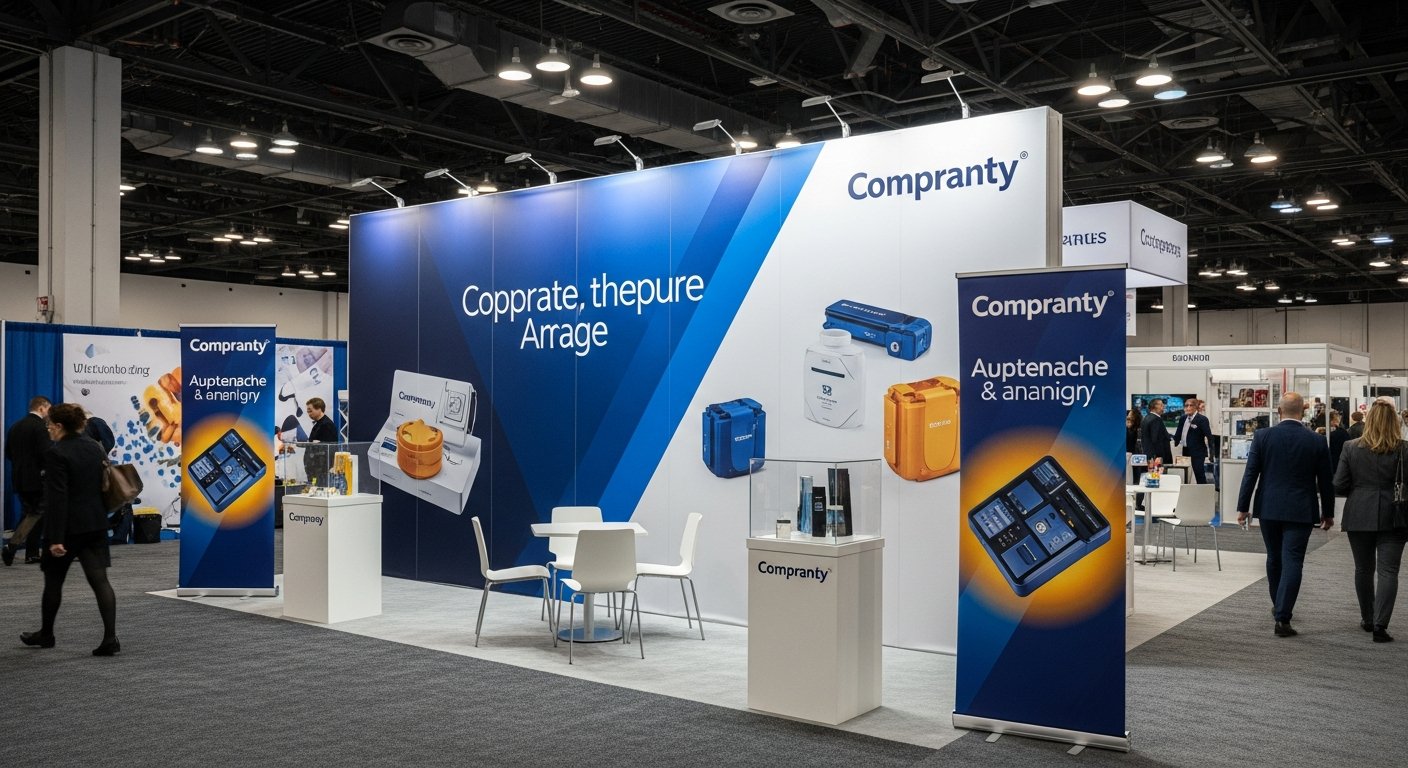 AI_IMAGE: A trade show exhibition booth with professional large-format sublimated fabric banners serving as a backdrop wall. The banners display corporate branding in blue and amber colors with product imagery and company tagline. Two retractable roll-up banners flank the booth entrance. Visitors walk past in the convention center hallway. Bright overhead exhibition lighting with modern booth furniture and product displays visible | photorealistic | landscape