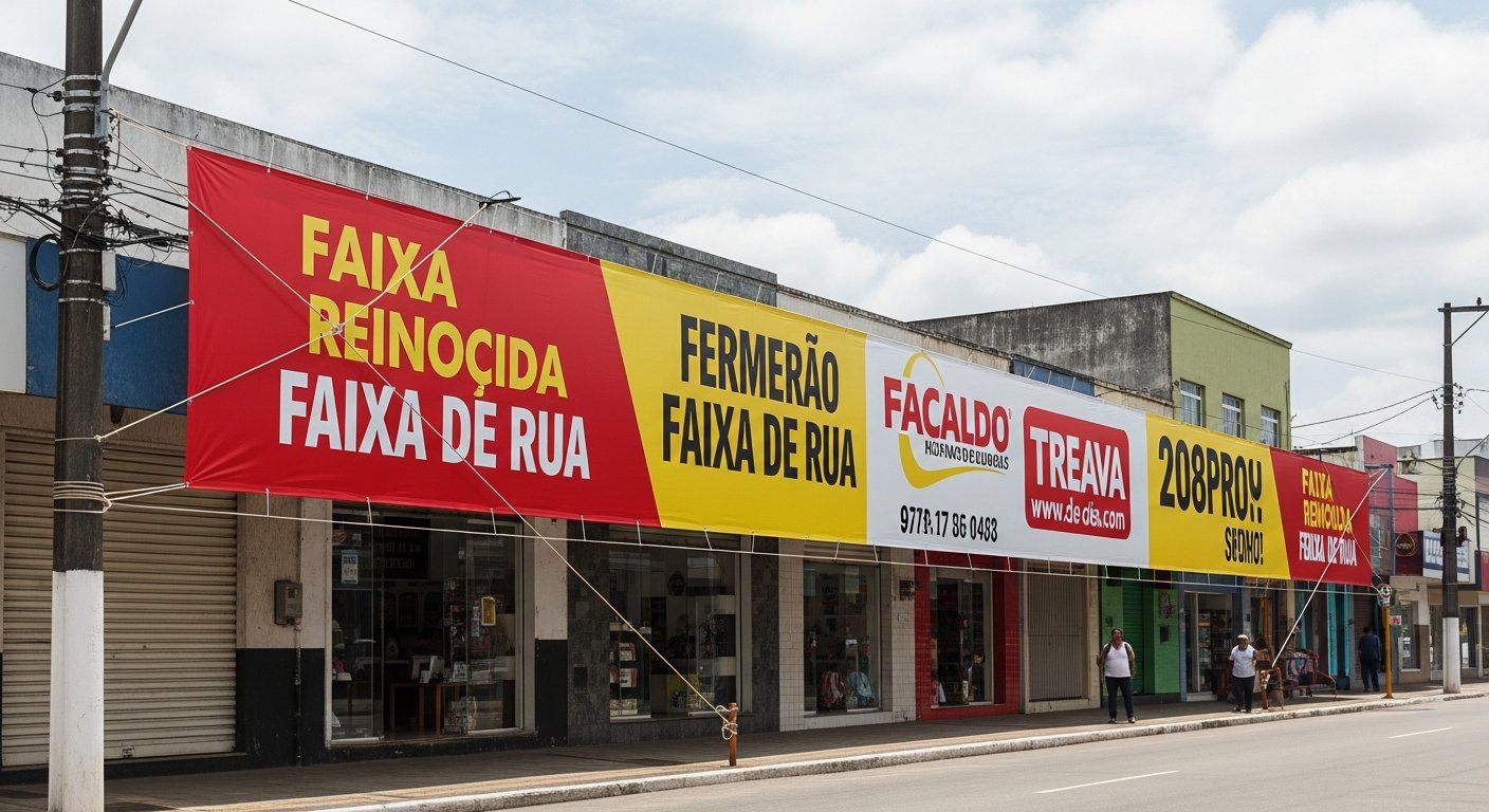 AI_IMAGE: A large promotional street banner (faixa de rua) stretched across a commercial urban street in a small Brazilian city. The banner is made of reinforced PVC with bold red and yellow promotional text and business branding. Metal grommets and rope tie-downs secure it to street poles. Daytime urban scene with storefronts and pedestrians visible. Clean professional signage photography | photorealistic | landscape