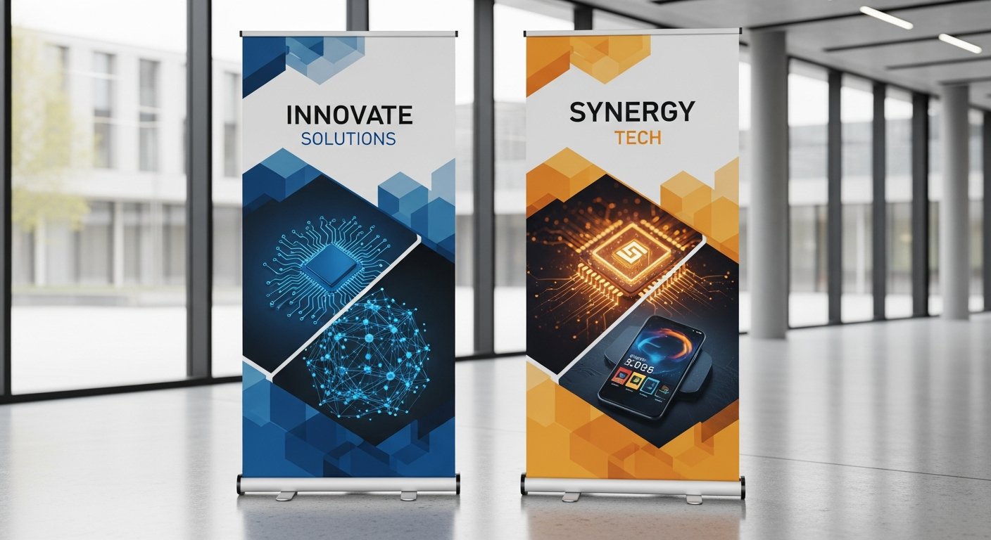 AI_IMAGE: Two professional retractable roll-up banner stands displayed side by side in a modern conference venue lobby. The banners show corporate branding with clean typography and product images in blue and amber colors. The aluminum retractable bases and sleek pole mechanisms are visible. Bright indoor lighting, modern architectural interior with glass walls in background | photorealistic | landscape