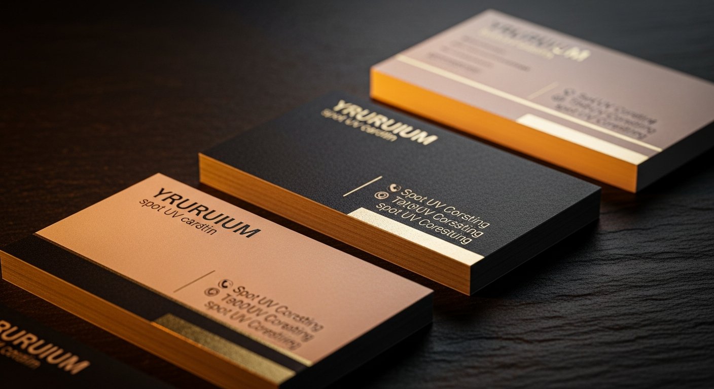 AI_IMAGE: A close-up photograph of premium business cards fanned out on a dark slate surface. The cards feature modern minimalist design with embossed text, spot UV coating, and metallic gold accents on thick 400gsm cardstock. Dramatic side lighting in warm amber tone creates depth and texture. Dark moody atmosphere with shallow depth of field | photorealistic | landscape