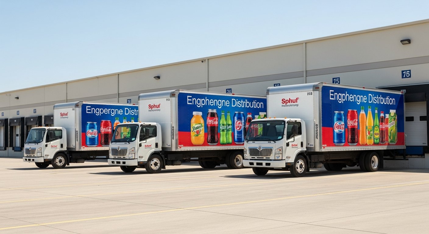 AI_IMAGE: A fleet of four identical white delivery trucks parked in formation, each fully wrapped with a beverage distribution company branding in red, white and blue. The trucks display consistent brand identity with large product photos and company logos. Clean commercial photography at a distribution center loading dock during daytime | photorealistic | landscape