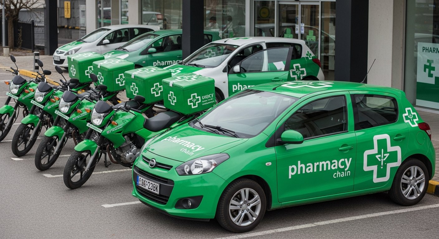 AI_IMAGE: A group of delivery motorcycles and a small hatchback car parked together, all branded with matching pharmacy chain identity in green and white vinyl vehicle wraps. The motorcycles have wrapped rear delivery boxes and the car has door and hood graphics. Clean modern pharmacy branding visible on all vehicles. Photographed in front of a pharmacy storefront during daytime | photorealistic | landscape