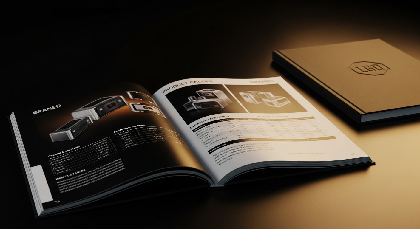 AI_IMAGE: An open corporate product catalog with glossy pages displayed on a dark surface. The catalog shows professional layout design with product photography, specifications tables, and branded typography. A closed catalog sits beside it showing the cover design with embossed logo. Warm ambient lighting, shallow depth of field, dark professional atmosphere | photorealistic | landscape