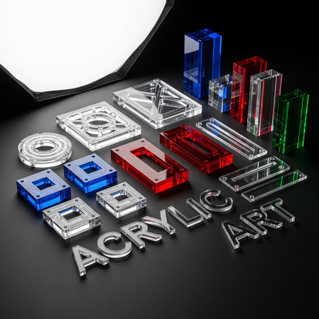 AI_IMAGE: Close-up photograph of precision CNC-cut acrylic pieces displayed on a dark surface. The transparent and colored acrylic parts include LED-ready luminaire panels, display stands, and custom-cut letters with polished edges that catch blue and amber light reflections. Clean studio lighting emphasizes the crystal-clear edge quality and optical transparency of the material | photorealistic | square