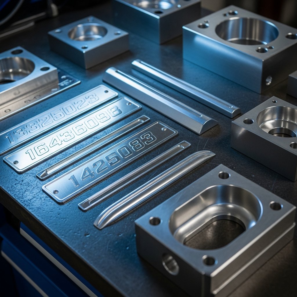 AI_IMAGE: Close-up photograph of CNC-machined aluminum parts and industrial plates arranged on a dark metallic workbench. The pieces include engraved identification plates with precise lettering, automotive decorative trim pieces, and custom-milled mold components with mirror-finish machined surfaces. Cool blue workshop lighting reflects off the polished aluminum surfaces | photorealistic | square