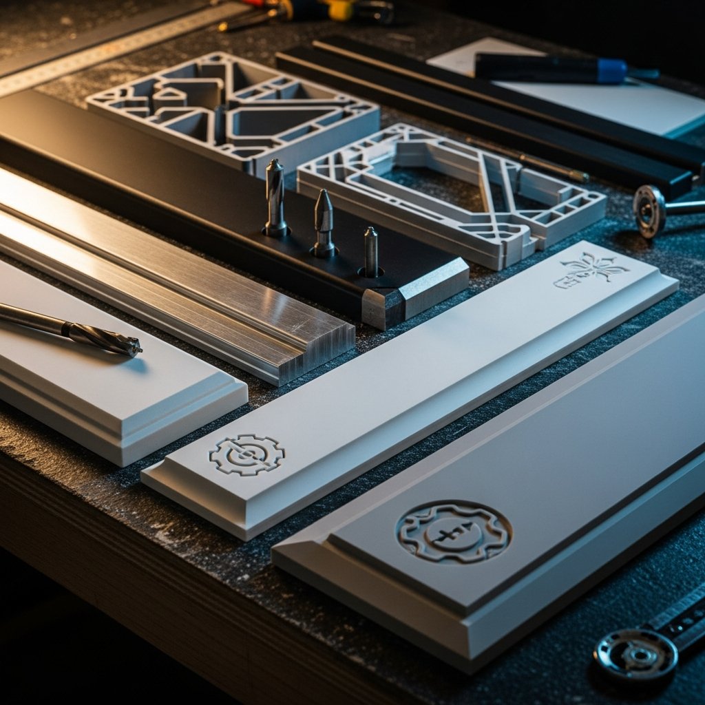 AI_IMAGE: Close-up photograph of CNC-cut composite materials including ACM aluminum composite panels and Corian solid surface pieces arranged on a dark workbench. The pieces show precise routing channels, decorative edge profiles, and 3D carved logos. Warm and cool mixed lighting highlights the different material textures and the precision of CNC machining on composite substrates | photorealistic | square
