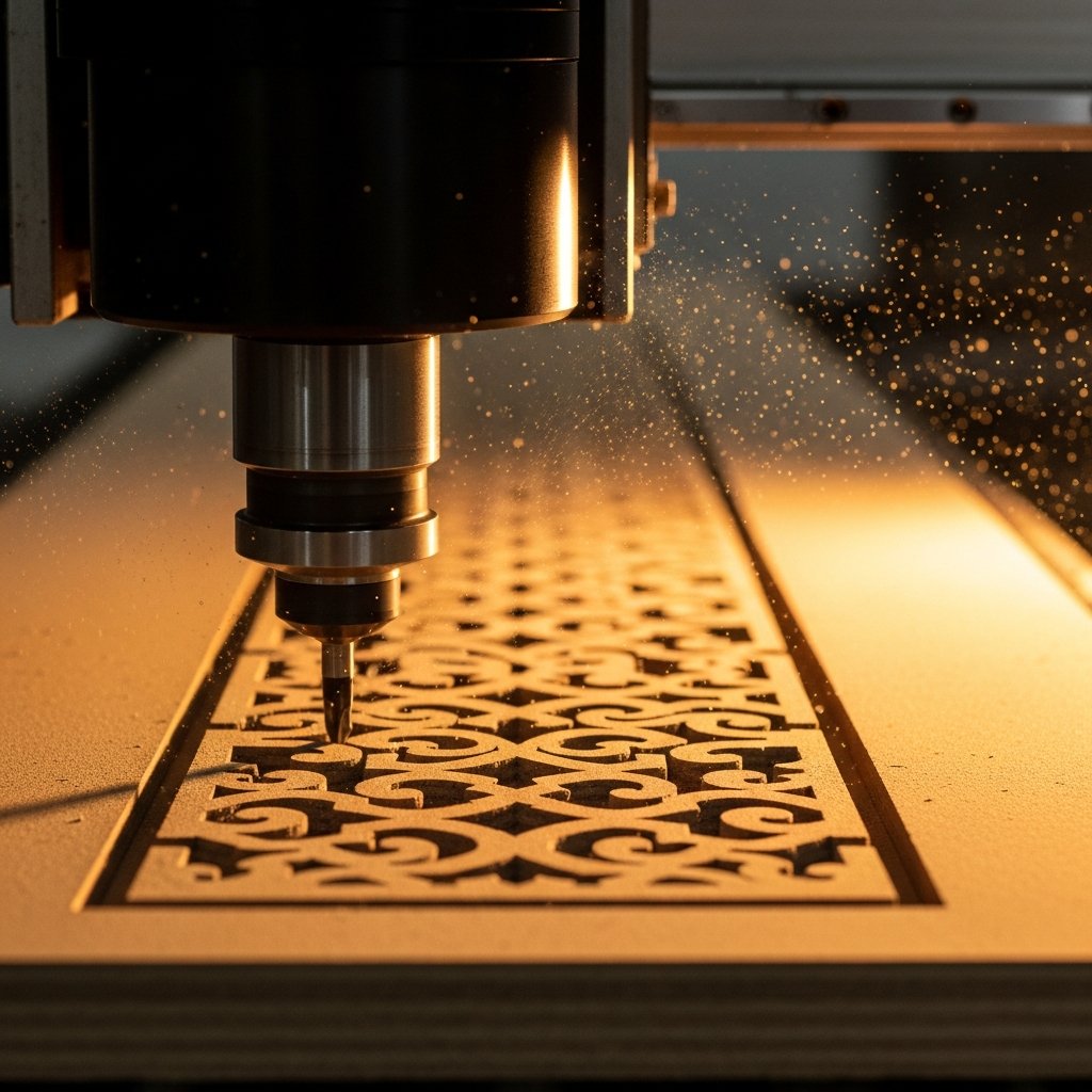 AI_IMAGE: Close-up macro photograph of a CNC router cutting intricate decorative patterns into a thick MDF panel. Golden sawdust particles float in warm amber directional workshop lighting. The carved pattern shows precise geometric arabesque cutouts with smooth edges and no burrs. Dark industrial background with metal machinery visible | photorealistic | square