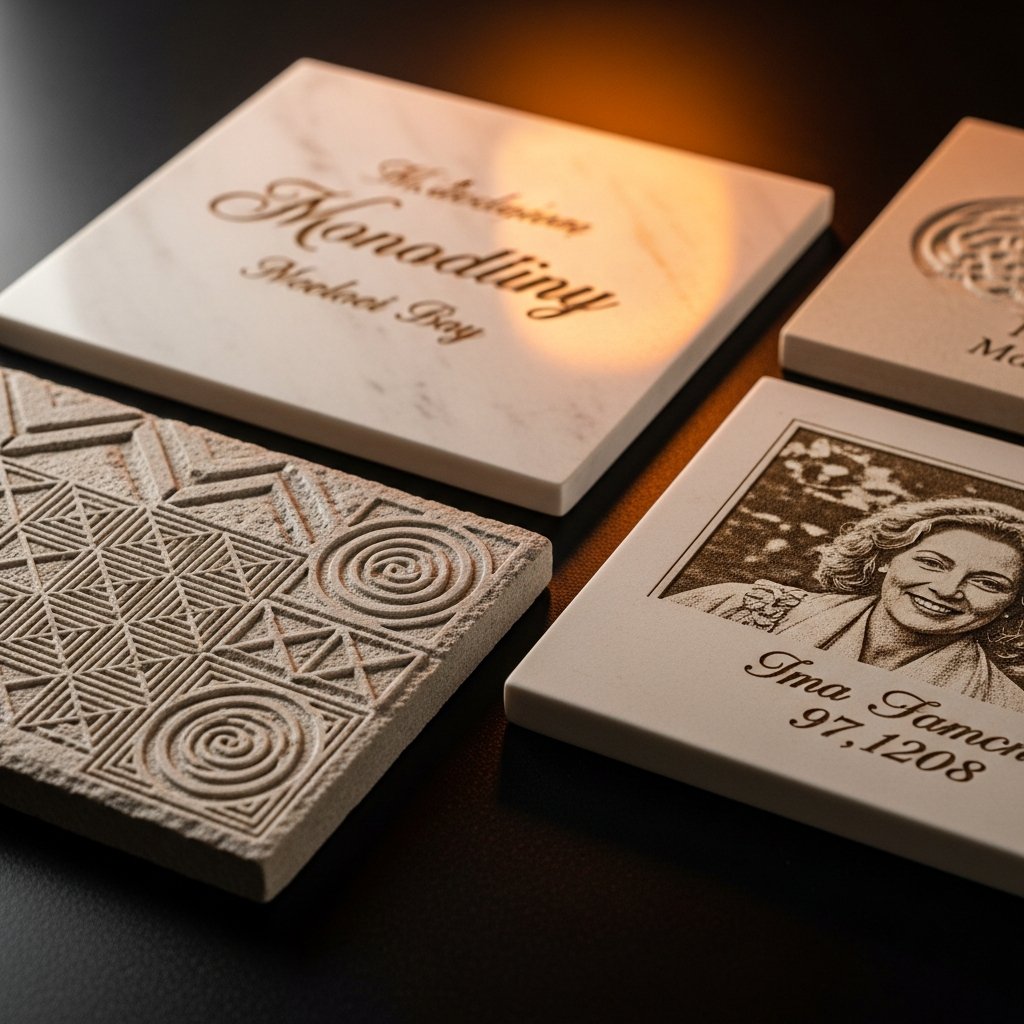AI_IMAGE: Close-up photograph of CNC-engraved synthetic marble and ceramic pieces on a dark surface. The pieces show high-definition engravings including a commemorative plaque with fine script lettering, a textured stone tile with geometric relief pattern, and a memorial plate with photo-quality laser engraving. Warm amber accent lighting highlights the depth and precision of the engravings against the natural stone grain | photorealistic | square