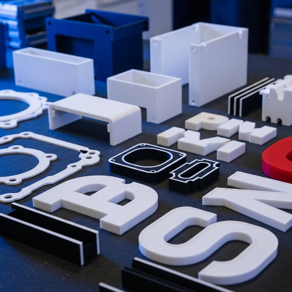 AI_IMAGE: Close-up photograph of precision CNC-cut PVC and engineering plastic components arranged on a dark industrial surface. The pieces include custom gaskets, technical housings, machine guards, and signage letters in white and colored expanded PVC with clean milled edges. Industrial workshop lighting with blue accent tones. Sharp focus on the smooth cut surfaces showing zero burr finish quality | photorealistic | square
