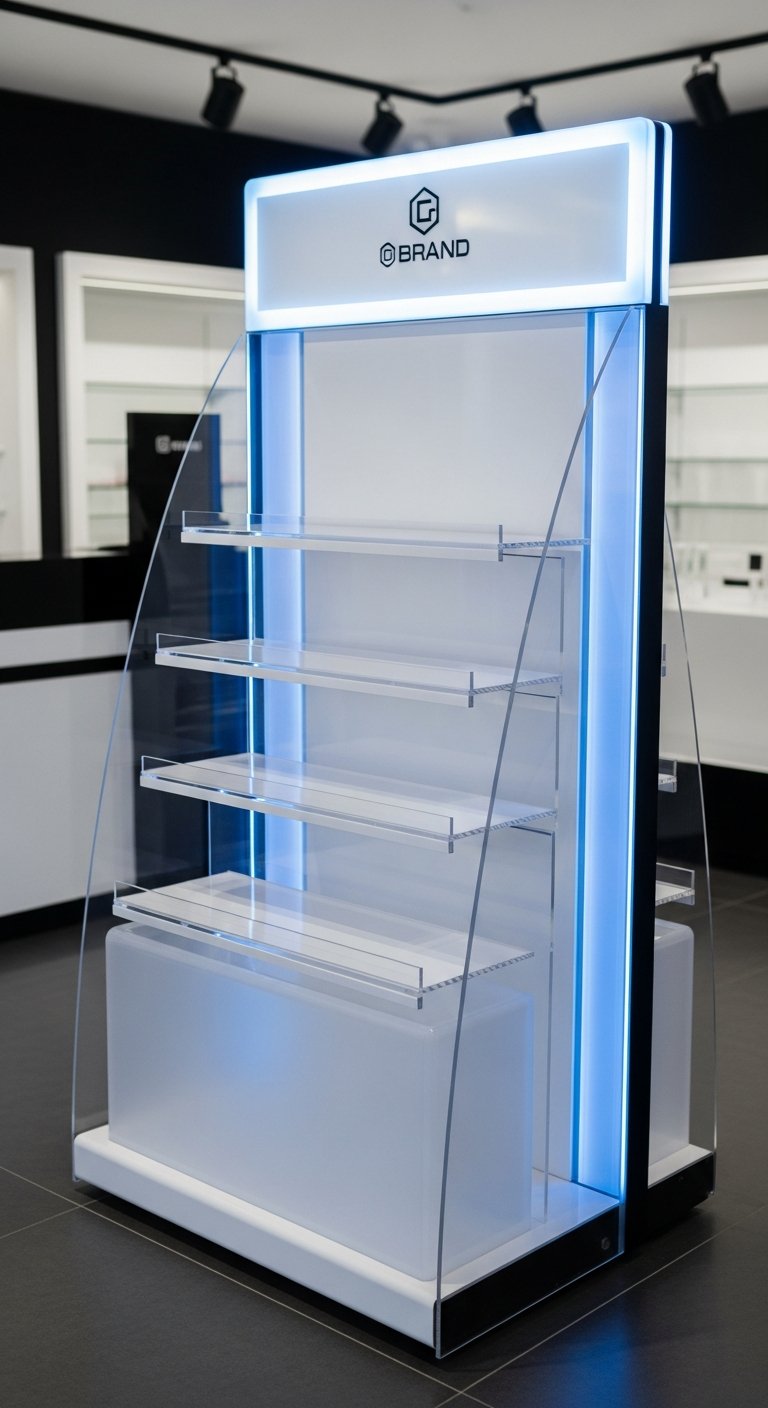 AI_IMAGE: A professional point-of-sale acrylic display stand and product showcase unit made from CNC-cut clear and frosted acrylic panels. The display features multiple tiers, precision-bent edges, and an integrated LED-lit header panel with a brand logo. Set up in a modern retail environment with clean contemporary fixtures visible in the background. Cool blue accent lighting reflects off the acrylic surfaces | photorealistic | portrait