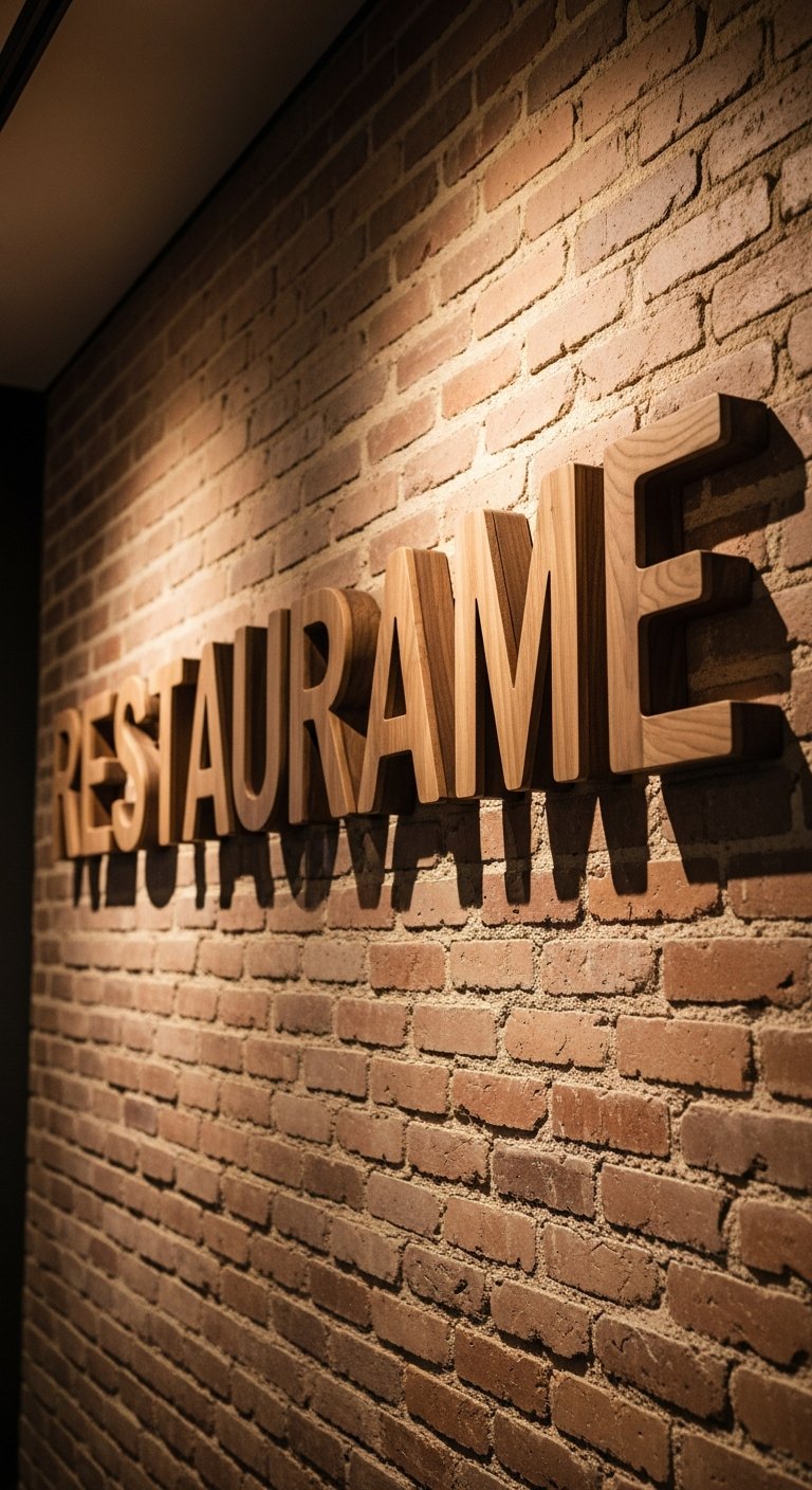 AI_IMAGE: A large 3D wooden sign with CNC-cut letters spelling a business name, mounted on a rustic exposed brick wall in a modern restaurant interior. The letters are made from thick natural walnut wood with visible grain, precision-cut with smooth rounded edges by CNC router. Warm indirect lighting from above creates soft shadows behind each letter emphasizing the three-dimensional depth | photorealistic | portrait