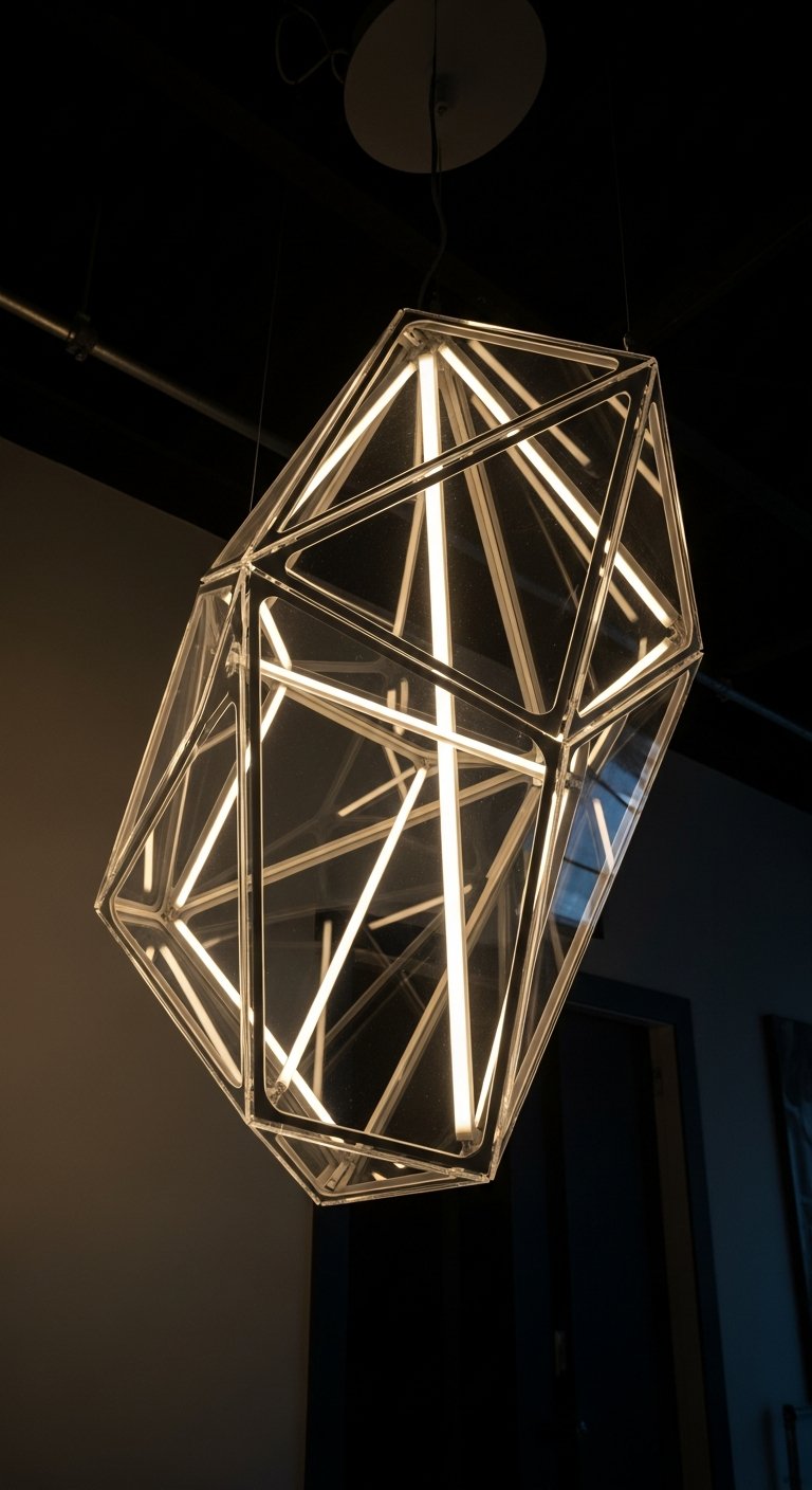 AI_IMAGE: A modern custom-designed LED luminaire made from CNC-cut clear acrylic with geometric faceted panels, emitting warm white light through precisely milled channels and diffusion grooves. The luminaire is photographed hanging in a dark interior space, its internal LED strips creating dramatic light patterns through the acrylic edges. Contemporary design aesthetic with clean lines | photorealistic | portrait