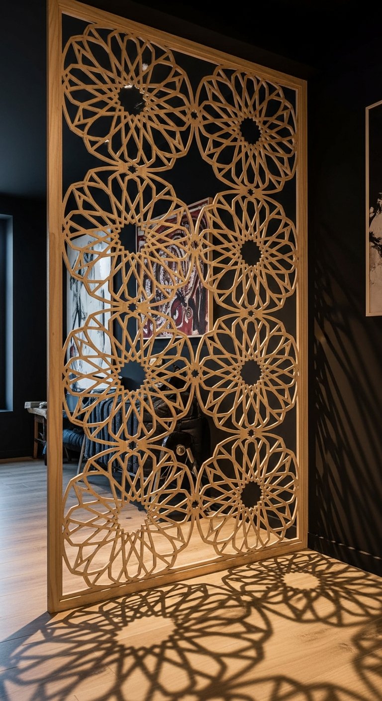 AI_IMAGE: A beautifully crafted CNC-cut decorative wooden panel (cobogo) mounted as a room divider in a modern interior setting. The panel features intricate geometric arabesque patterns with consistent spacing and smooth edges. Warm ambient lighting filters through the perforations creating dramatic shadow patterns on the floor. Light wood tone against a dark wall background | photorealistic | portrait