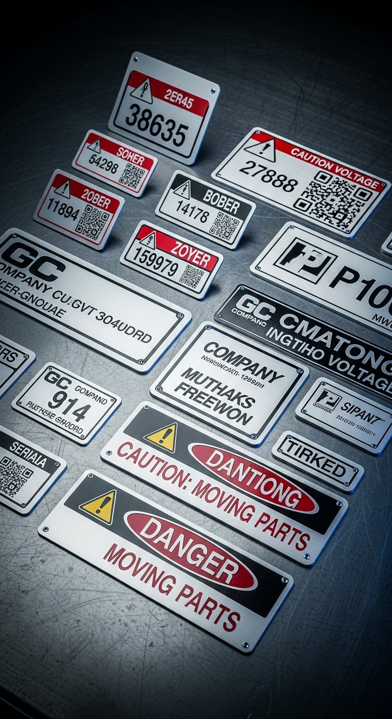 AI_IMAGE: A collection of CNC-engraved aluminum industrial identification plates and nameplates arranged on a dark metallic surface. The plates show deep-engraved text with paint-filled lettering in black and red on brushed aluminum finish. Various sizes from small equipment tags to large warning signs. Industrial workshop lighting with cool blue tones reflecting off the metal surfaces | photorealistic | portrait
