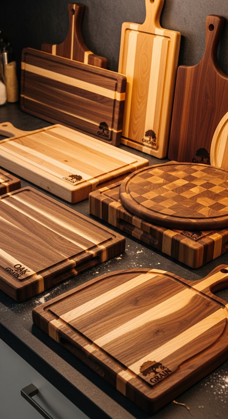 AI_IMAGE: A set of premium CNC-cut wooden cutting boards in various shapes, made from solid hardwood and end-grain butcher block, displayed on a dark kitchen countertop. The boards feature juice grooves, finger-grip handles, and engraved logos — all precision-machined by CNC router. Warm kitchen lighting highlights the rich wood grain and smooth sanded edges | photorealistic | portrait