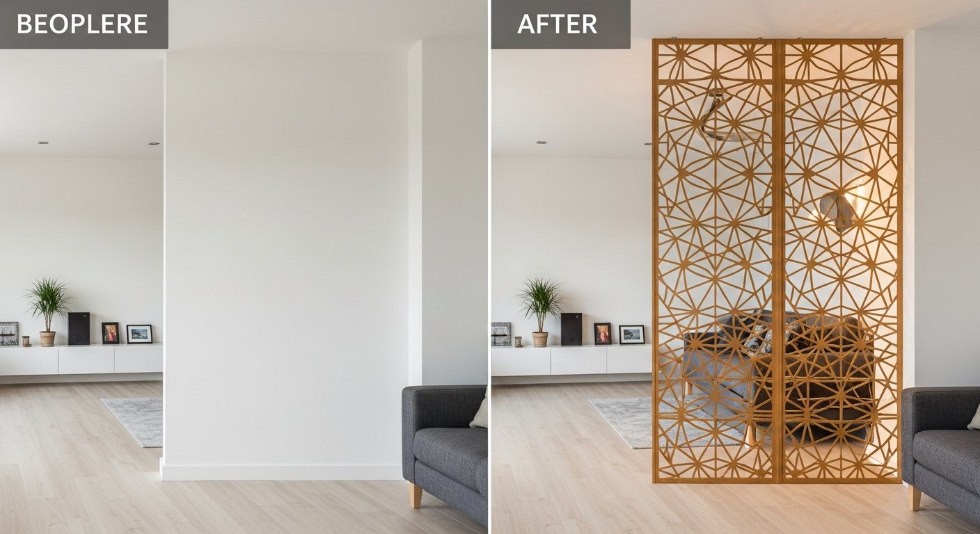 AI_IMAGE: A completed installation photograph showing a CNC-cut MDF decorative panel (cobogo) used as a room divider in a modern living room. The before image on the left shows the empty wall space, and the after on the right shows the installed panel with warm light filtering through the intricate geometric cutouts. Clean modern interior with minimalist furniture. Split composition showing transformation | photorealistic | landscape