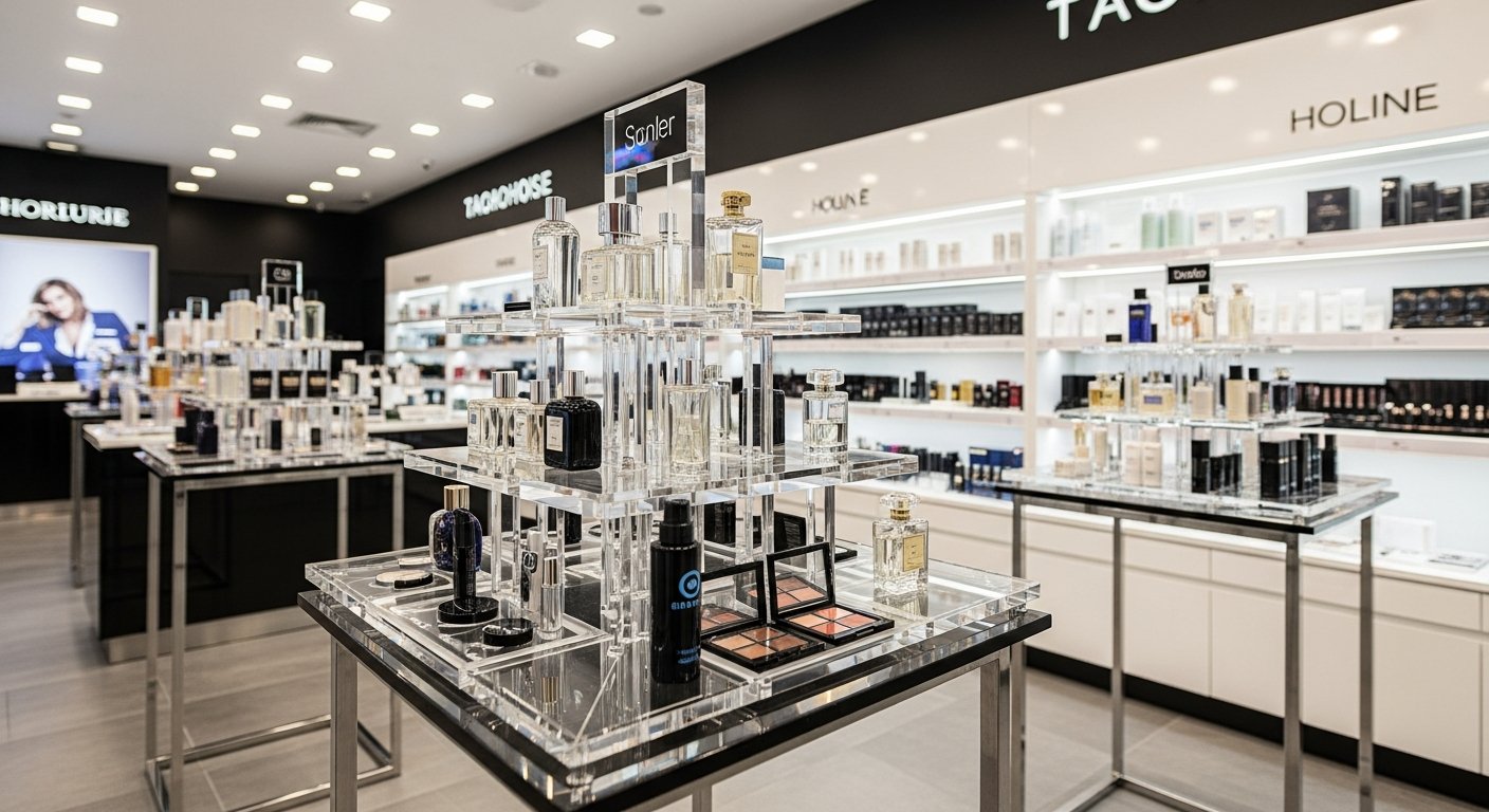 AI_IMAGE: A professional photograph of custom CNC-cut acrylic display stands installed in a retail cosmetics store. The displays feature multiple tiers of clear acrylic with precision edges, holding perfume bottles and skincare products. The store lighting creates reflections and transparency effects through the acrylic. Clean retail environment with modern fixtures | photorealistic | landscape