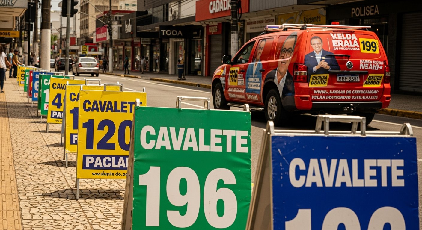 AI_IMAGE: A Brazilian city street scene during election season showing rows of campaign cavalete signs (A-frame political signs) lining a busy sidewalk. The signs feature bold candidate names and numbers in vibrant colors. In the background, a campaign vehicle with full vinyl wrap displaying candidate imagery drives past. Warm daylight, Brazilian urban architecture with commercial storefronts visible. The scene conveys the energy and visual saturation of a political campaign in a mid-sized Brazilian city | photorealistic | landscape