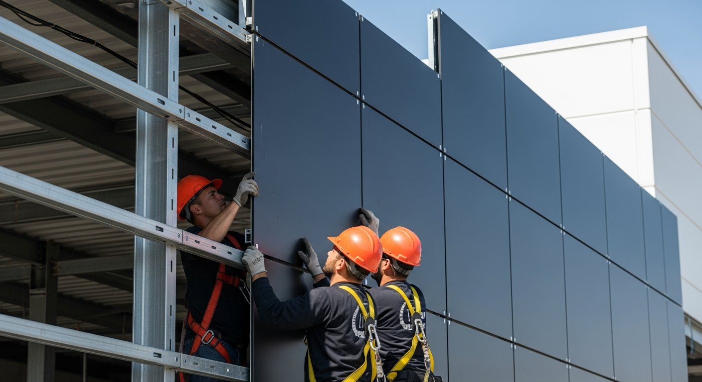 AI_IMAGE: Close-up photograph of professional workers installing aluminum composite panel (ACM) cladding on a modern commercial building facade during daytime. Workers wearing safety helmets and harnesses are carefully aligning large dark-colored ACM panels against a metal subframe structure. The image shows the precision of the installation process with visible rivets and panel joints. Clean industrial aesthetic with blue sky in the background. Professional construction photography with sharp detail | photorealistic | landscape