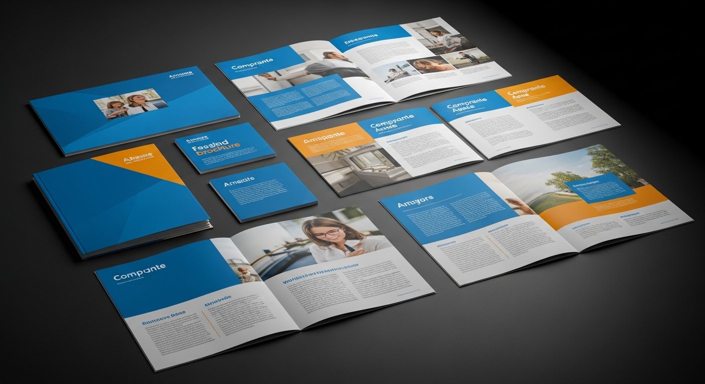 AI_IMAGE: Professional tri-fold brochures and folders displayed on a dark charcoal surface. The printed materials showcase vibrant full-color printing with crisp typography, corporate blue and amber color accents. Some brochures are open showing interior layouts with product images and text columns. Dramatic studio lighting from above with soft shadows | photorealistic | landscape