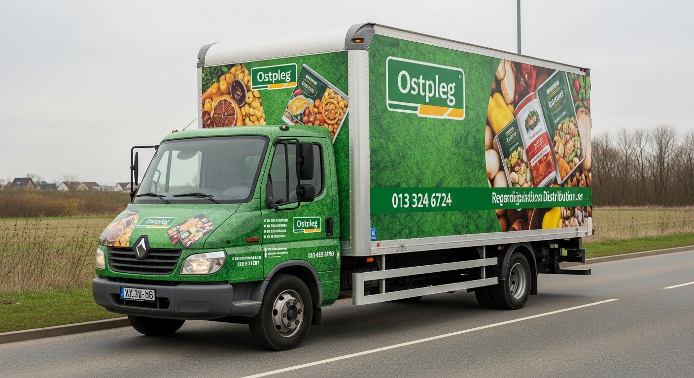 AI_IMAGE: A medium-sized box truck with full vehicle wrap featuring a food distribution company branding in green and white. The truck is photographed from a three-quarter front angle on an industrial road. The vinyl graphics cover the entire body with product images and contact information printed in high resolution. Clean professional installation with no bubbles or wrinkles visible | photorealistic | landscape