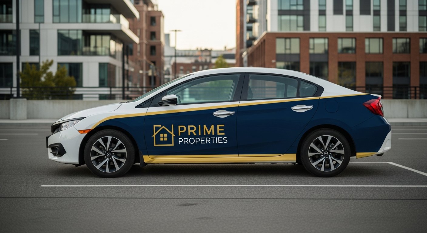 AI_IMAGE: A sedan car with partial vehicle wrap on doors and rear panels, featuring a real estate company branding in dark blue and gold. The car is photographed in a parking lot with urban buildings behind. Clean cut vinyl lettering and logo application with high contrast colors. Professional automotive graphics installation | photorealistic | landscape