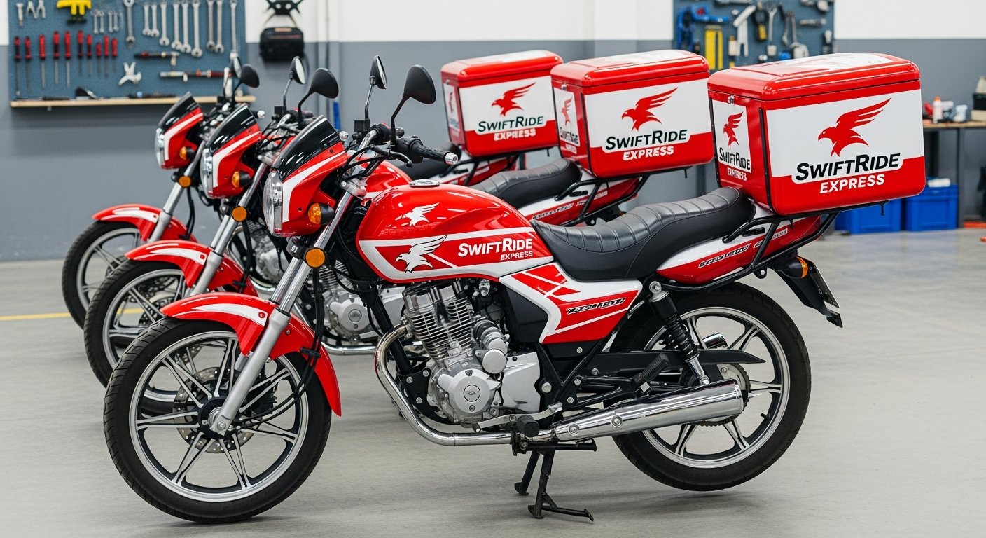 AI_IMAGE: A fleet of three motorcycles lined up, each with matching brand identity vinyl wraps in red and white for a delivery service company. The motorcycles have custom graphics on the fuel tank, fenders and rear boxes. Clean commercial photography in a workshop with bright even lighting | photorealistic | landscape