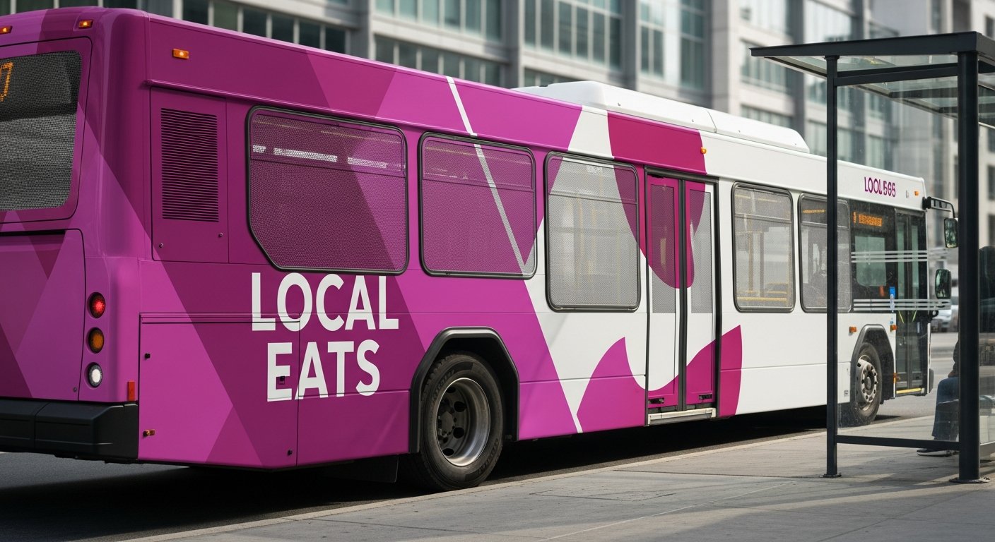 AI_IMAGE: A commercial bus with full exterior vehicle wrap advertising a local business in vibrant magenta and white graphics. The bus is photographed from the side at a bus stop, showing the complete wraparound design covering windows with perforated vinyl and solid graphics on body panels. Urban street setting with modern architecture | photorealistic | landscape