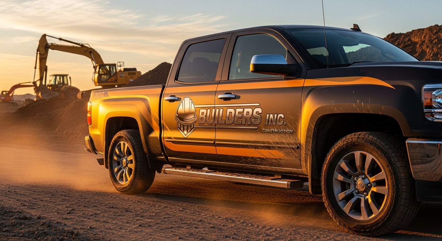 AI_IMAGE: A pickup truck with full body vehicle wrap in matte black with bright amber accent stripes and a construction company logo. The truck is on a dirt road near a construction site. The wrap shows durable vinyl material holding up in rugged conditions. Golden hour lighting creates dramatic contrast on the vehicle graphics | photorealistic | landscape