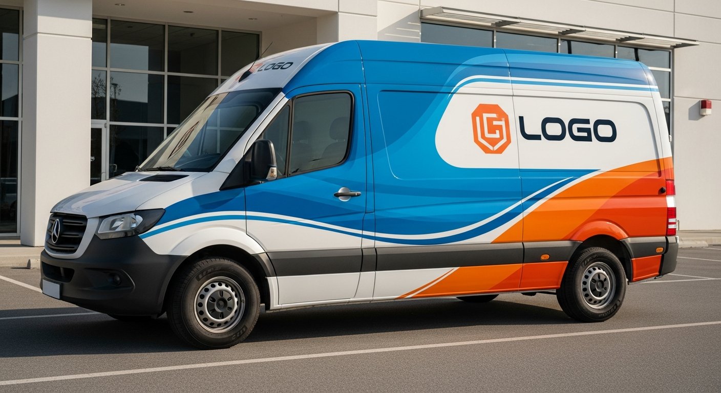 AI_IMAGE: A white delivery van fully wrapped in a professional blue and orange vehicle graphic with a company logo on the side panel. The van is parked on a clean asphalt surface with a modern commercial building in the background. Sharp details on the vinyl wrap edges showing seamless professional application. Daylight photography with soft shadows | photorealistic | landscape
