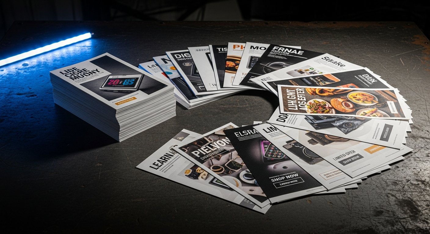 AI_IMAGE: A stack of vibrant full-color printed flyers and panfletos on a dark industrial surface. The flyers show promotional designs with bold headlines, product photos, and call-to-action elements. Some are spread in a fan arrangement showing variety of sizes from A5 to A3. Cool blue LED accent lighting from the side, dark moody atmosphere | photorealistic | landscape