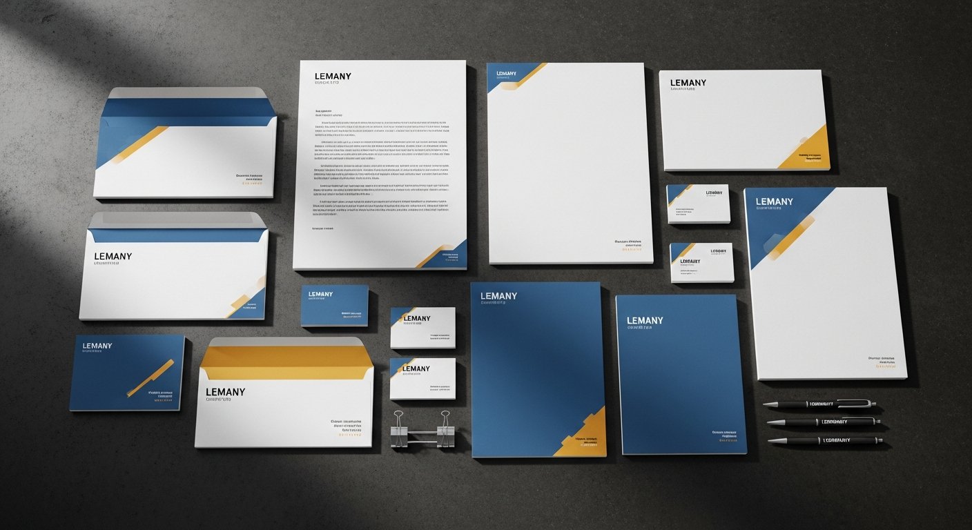 AI_IMAGE: A corporate stationery set arranged on a dark concrete surface — branded letterheads, envelopes of different sizes, notepads with company logo, and branded pens. The stationery features a cohesive modern design with subtle blue and amber accent colors. Clean overhead photography with soft directional lighting creating gentle shadows | photorealistic | landscape