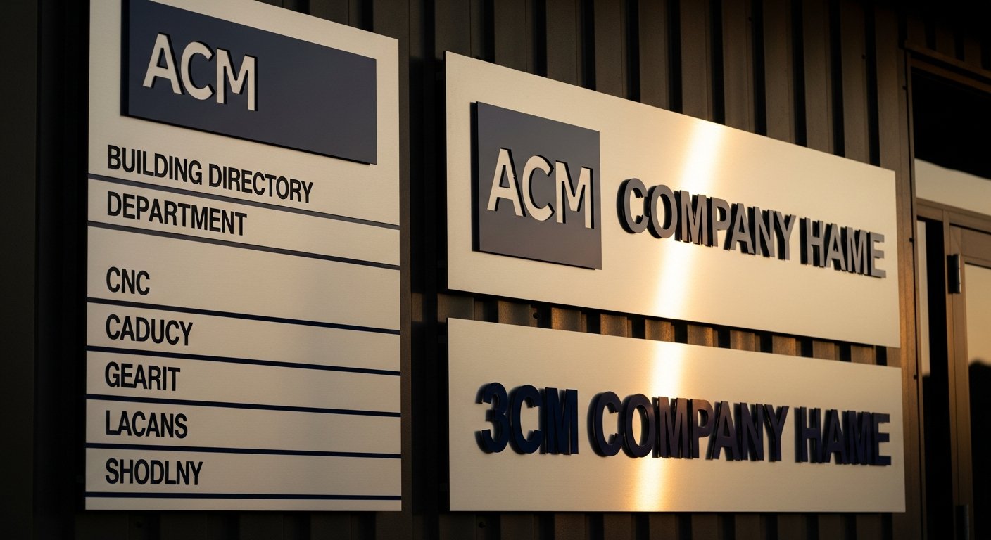 AI_IMAGE: A professional photograph of custom ACM aluminum composite panel signs mounted on a dark exterior wall of a commercial building. The signs feature metallic brushed silver finish with CNC-cut company logos and text in dark navy blue. One sign shows a building directory with department listings, another displays a company name with 3D raised letters. Evening golden hour light creates warm reflections on the aluminum surface | photorealistic | landscape
