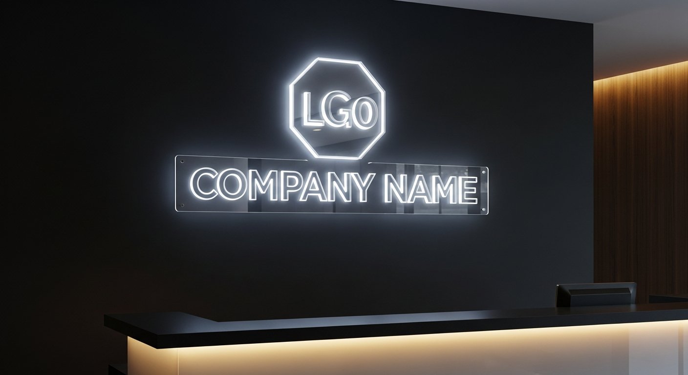 AI_IMAGE: An elegant backlit acrylic sign mounted on a dark charcoal wall in a modern corporate reception área. The sign features a company logo and name in clear crystal acrylic with bright white LED edge-lighting creating a luminous halo glow around the transparent letters. The reception desk below is sleek and modern with warm ambient lighting. The sign is the focal point with its ethereal LED glow contrasting the dark sophisticated interior | photorealistic | landscape